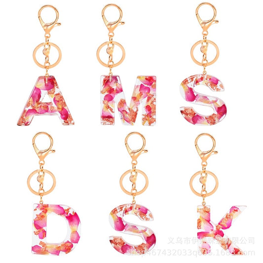 Rose Petal Resin Letter Key Chain