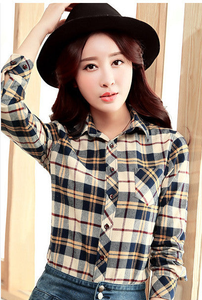 Long Sleeves Slim Plaid Turn-down Collar Flower Print Blouse