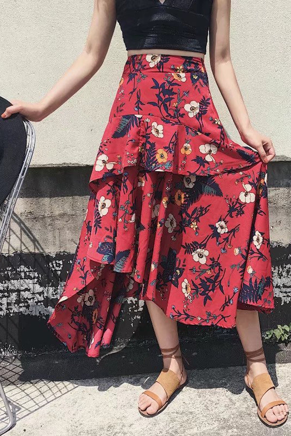 Flower Print Irregular Loose Long Skirt