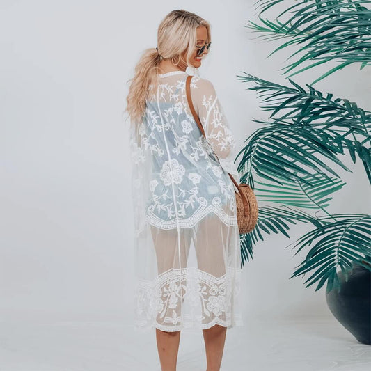 Lace See Through 3/4 Sleeve Cover Up Dress