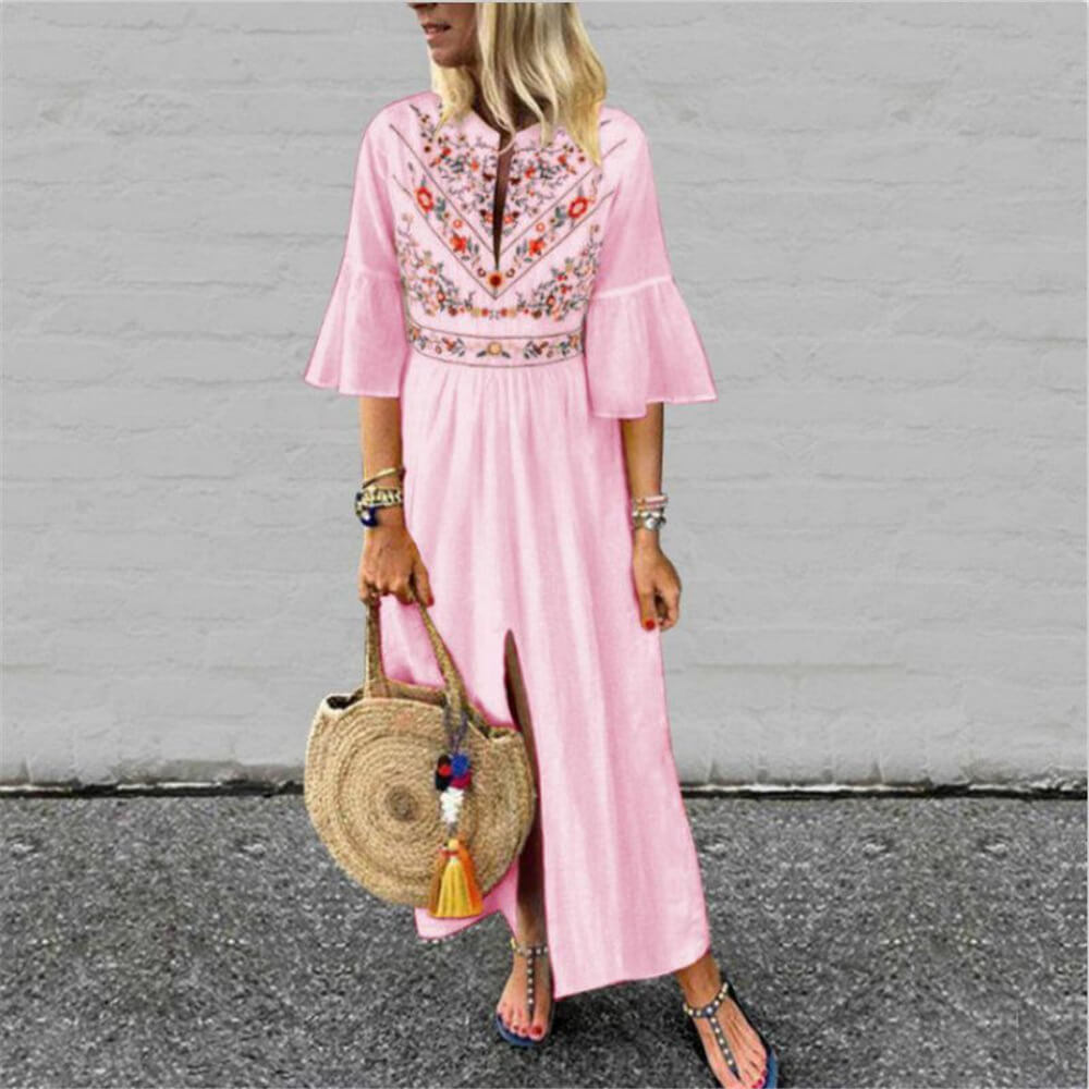 Retro Embroidered Loose Ankle Length Beach Dress