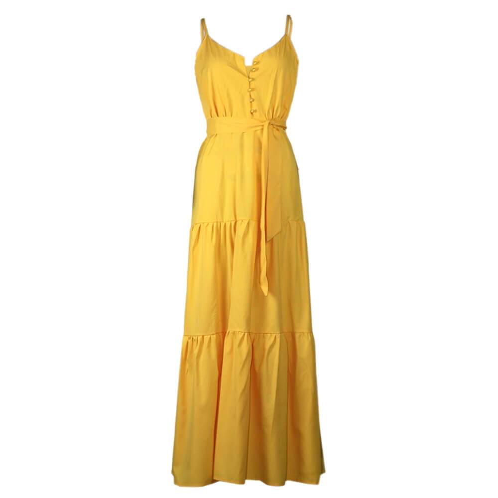 Pure Color Tie Waist Sling Long Beach Dress