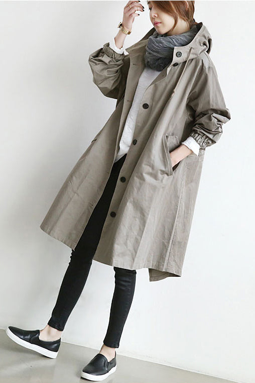 Solid Color Button Loose Long Hooded Coat