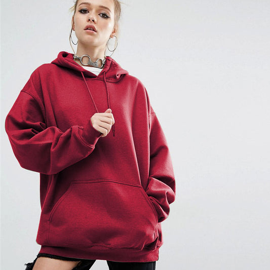 European Style Loose Solid Color Pocket Long Hoodie