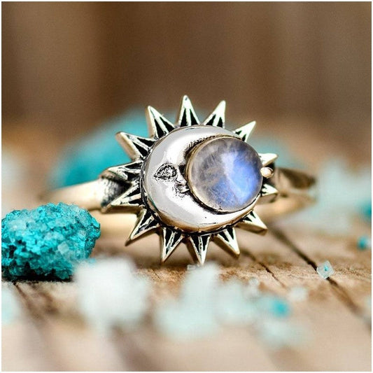 Retro Moonstone Sun Moon Ring