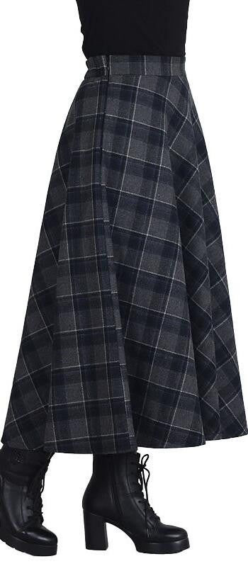 Woolen Plaid High Waist A-line Long Skirt