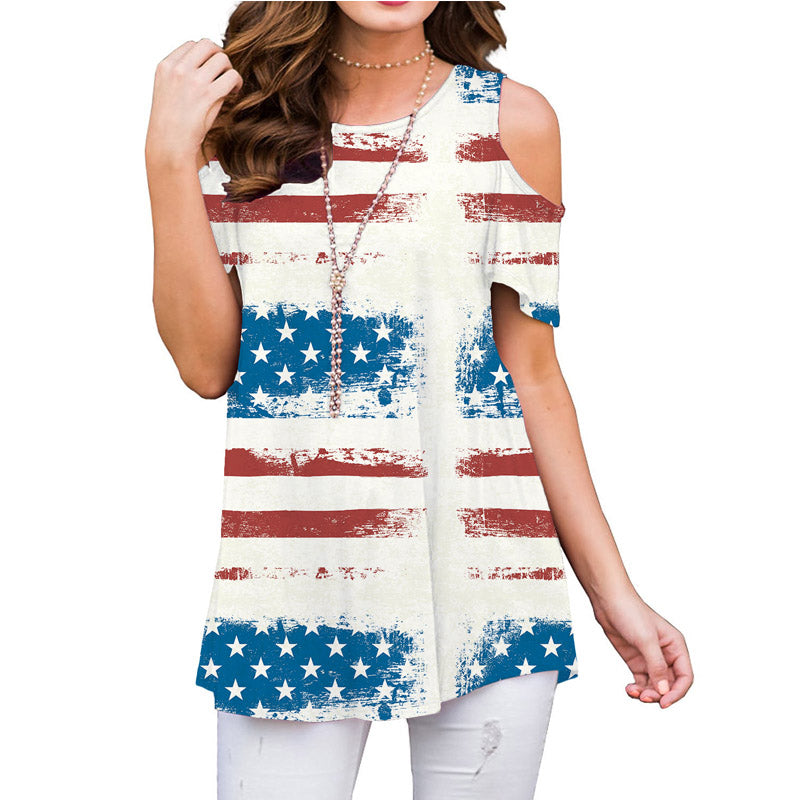 Casual Flag Print Cutout Short Sleeve Loose T-shirts