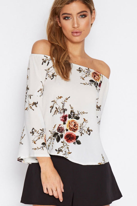 Off Shoulder Flower Print Trumpet Sleeves Blouse