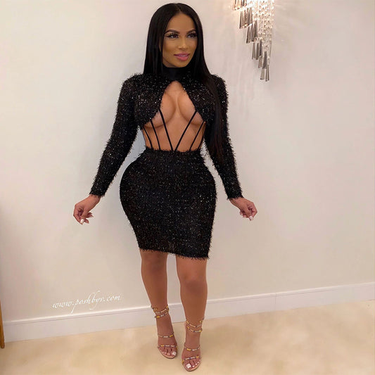 Sequin Cutout Fur Bodycon Long Sleeve Stretch Dress