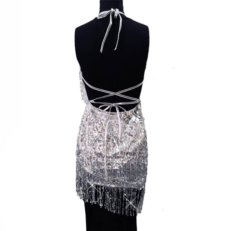 Sequin Spaghetti Strap Empire Waist Fringe Backless Dress