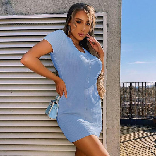 Sky Blue Ribbed Button Bodycon Short Dress