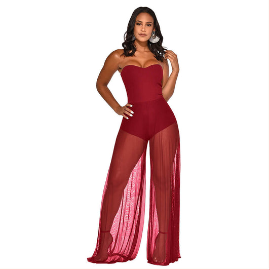 Summer Sleeveless Wide Leg Strapless Mesh Patchwork Jumpsuits