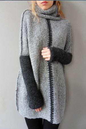 Long Sleeves Patchwork High Neck Long Pullover Sweater