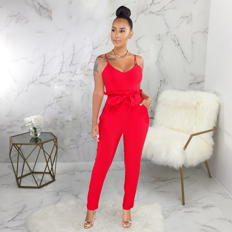 Spaghetti Straps Bow Pocket Jumpsuit