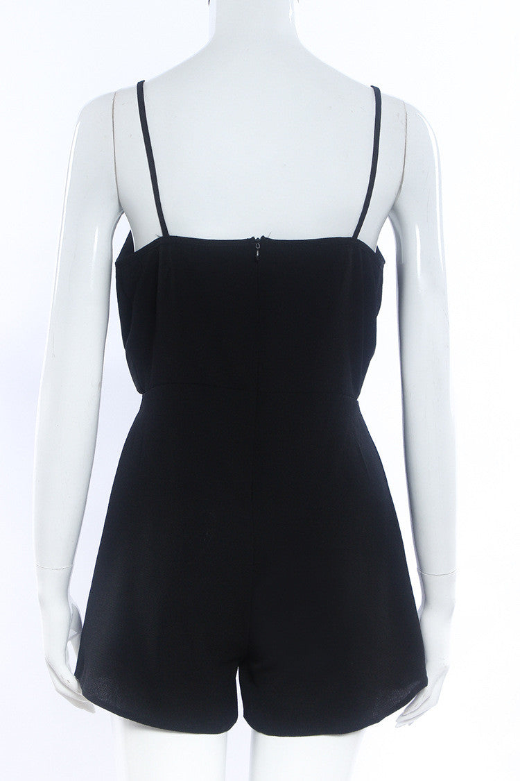 Black Spaghetti Strap Wrap Style Back Zipper Short Jumpsuit