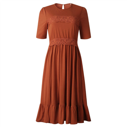 Crew Neck Lace Splice Midi A Line Dress