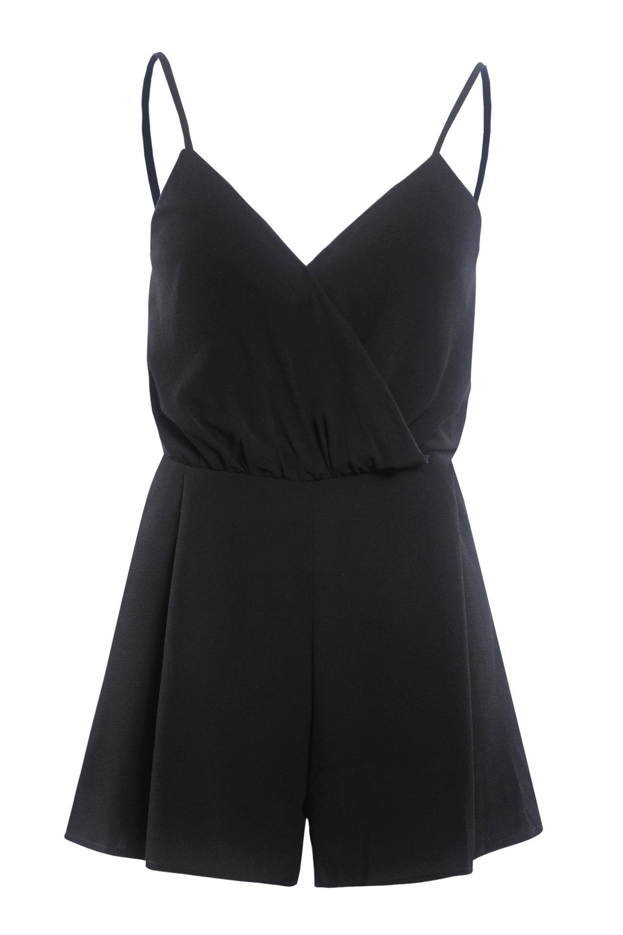 Black Spaghetti Strap Wrap Style Back Zipper Short Jumpsuit