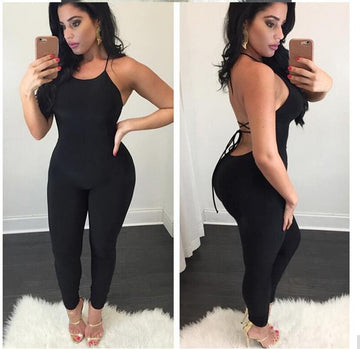 Backless Pure Color Lace Up Sleeveless Long Jumpsuit