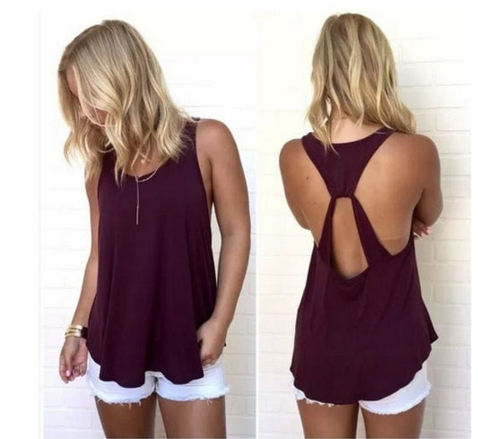 Scoop Sleeveless Backless Pure Color Backcross Blouse