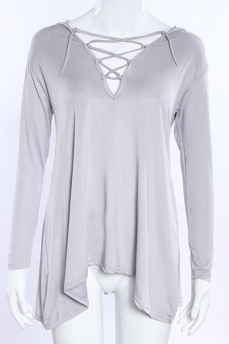 Cross Strap Neckline Irregular Long Sleeves Loose Hooded Blouse