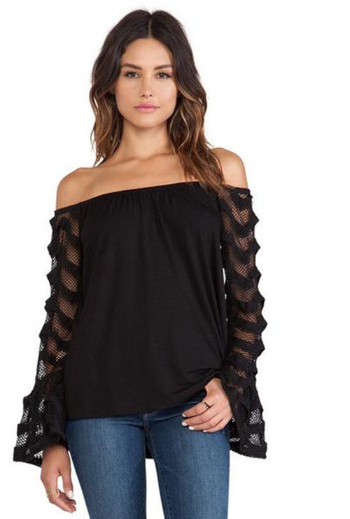 Strapless Off-shoulder Transparent Long Sleeves Lace Patchwork Blouse