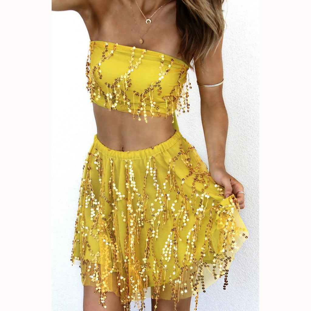 Strapless Crop Top Short Skirt Melon Seeds Sequin Dress Set