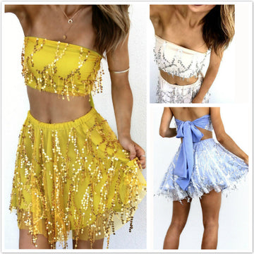 Strapless Crop Top Short Skirt Melon Seeds Sequin Dress Set