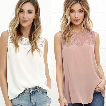 Scoop Pure Color Lace Chiffon Patchwork Sleeveless Tank Top