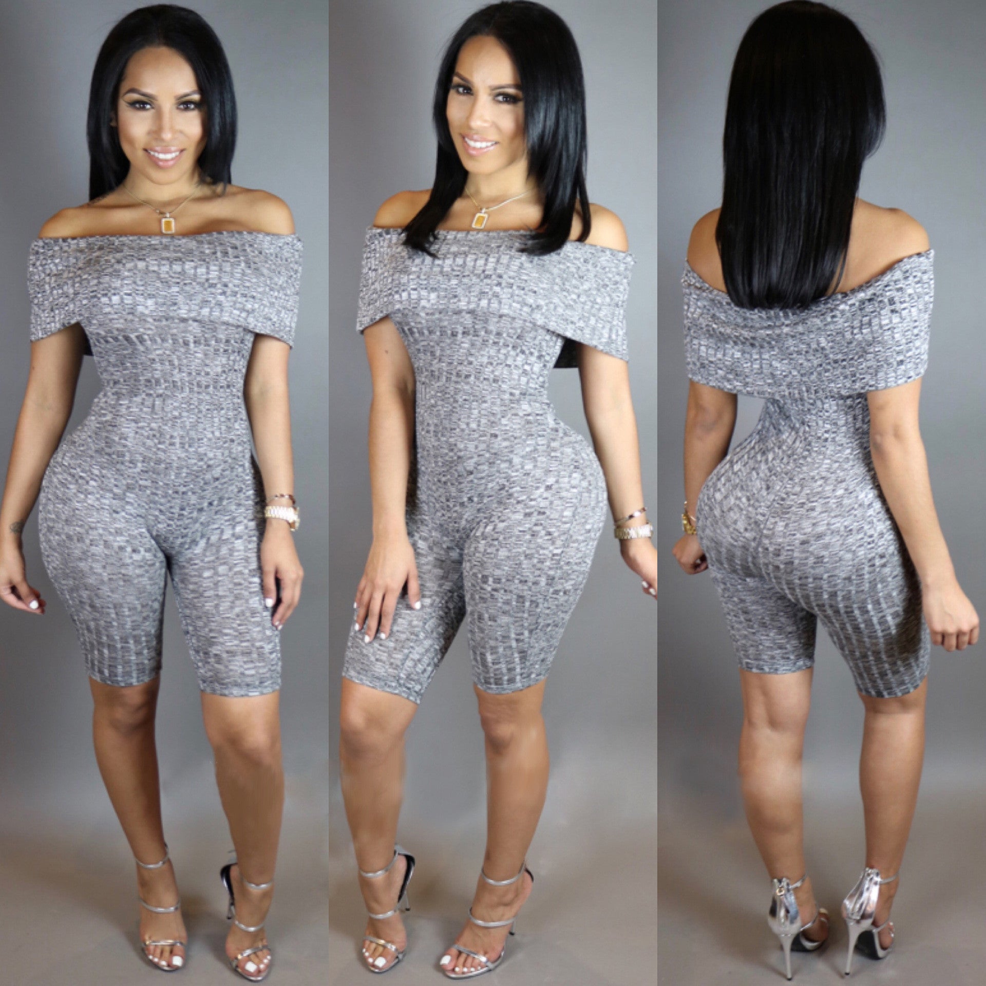 Off Shoulder Stretchy Ribbed-Knit Slim Short Jumpsuit