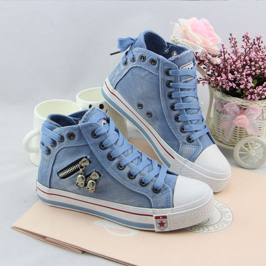 Unique Denim Skull Lace Up High Sneakers Shoes