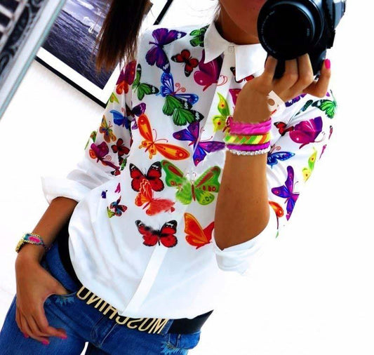 Flower Print Turn Down Collar Long Sleeves Slim Blouse