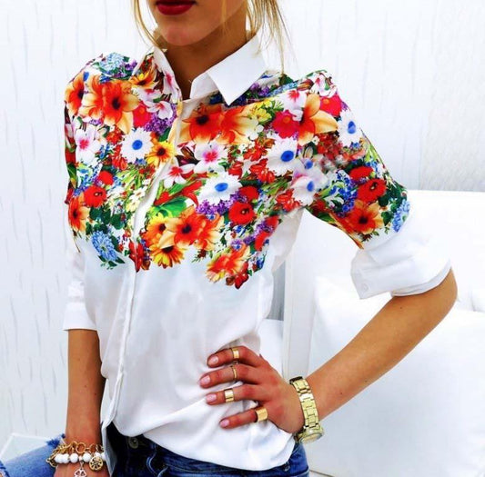 Flower Print Turn Down Collar Long Sleeves Slim Blouse