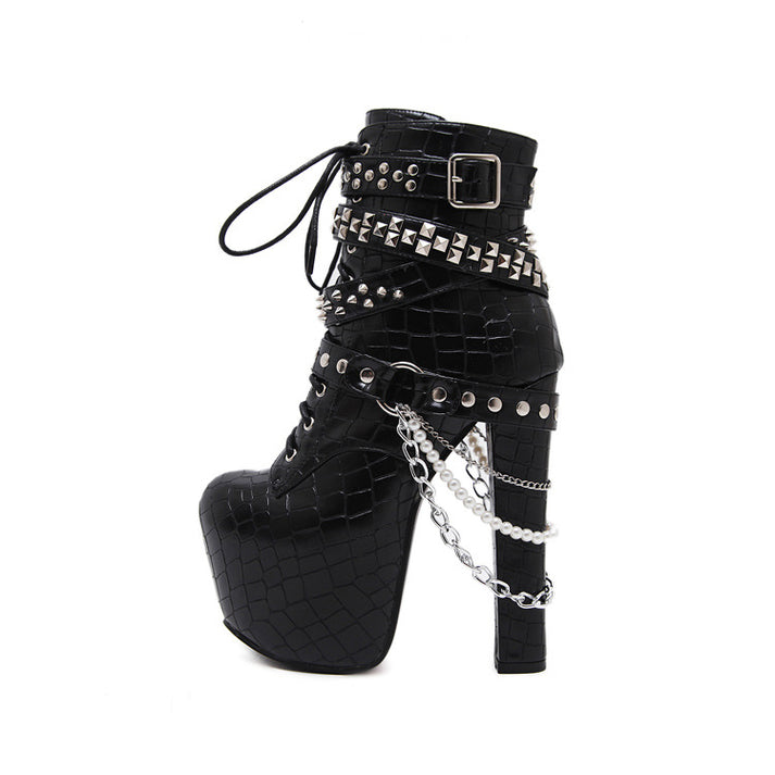 Rivets Hasp Chain Decorate Round Toe Platform High Chunky Heels Short 