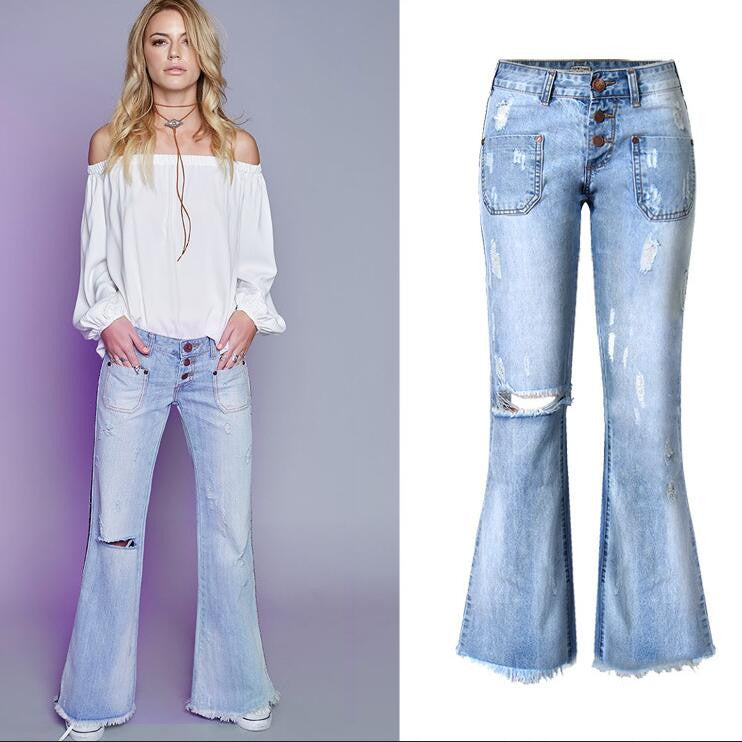Fashion Low Waist Hole Long Wide Leg Denim Pants