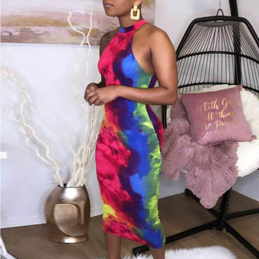 Multi Color Printed Sleeveless Slinky Midi Calf Dress