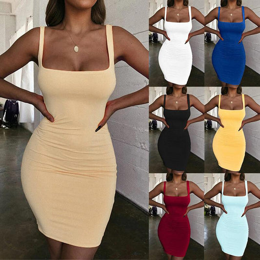 Sleeveless Square Neck Soild Bodycon Short Dress