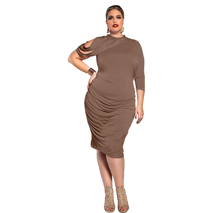 Pure Color Half Sleeves Scoop Irregular Knee-length Dress with Plus Size