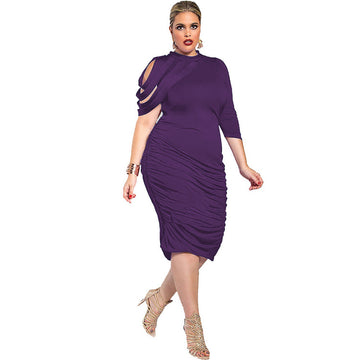 Pure Color Half Sleeves Scoop Irregular Knee-length Dress with Plus Size