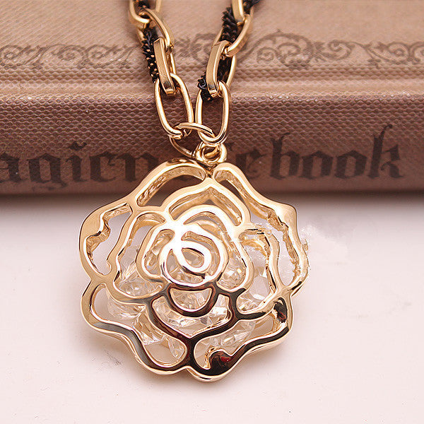 Hollow Out Golden Rose Long Sweater Necklace