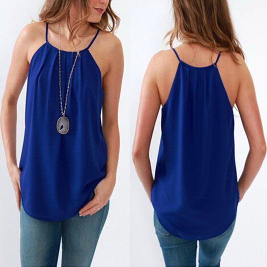 Scoop Spaghetti Strap Sexy Pure Color Chiffon Blouse