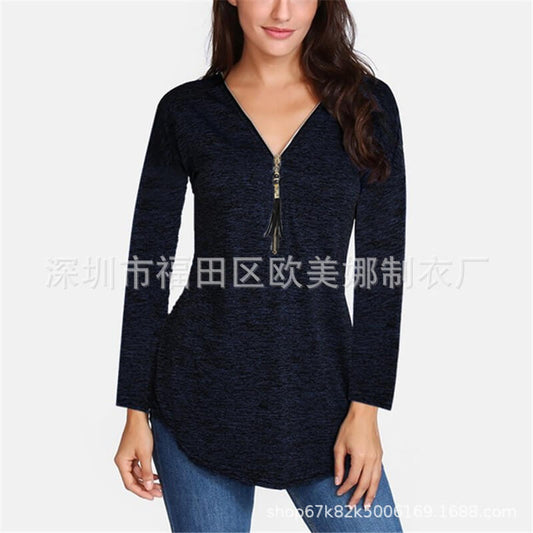 Zipper V-neck T-shirt