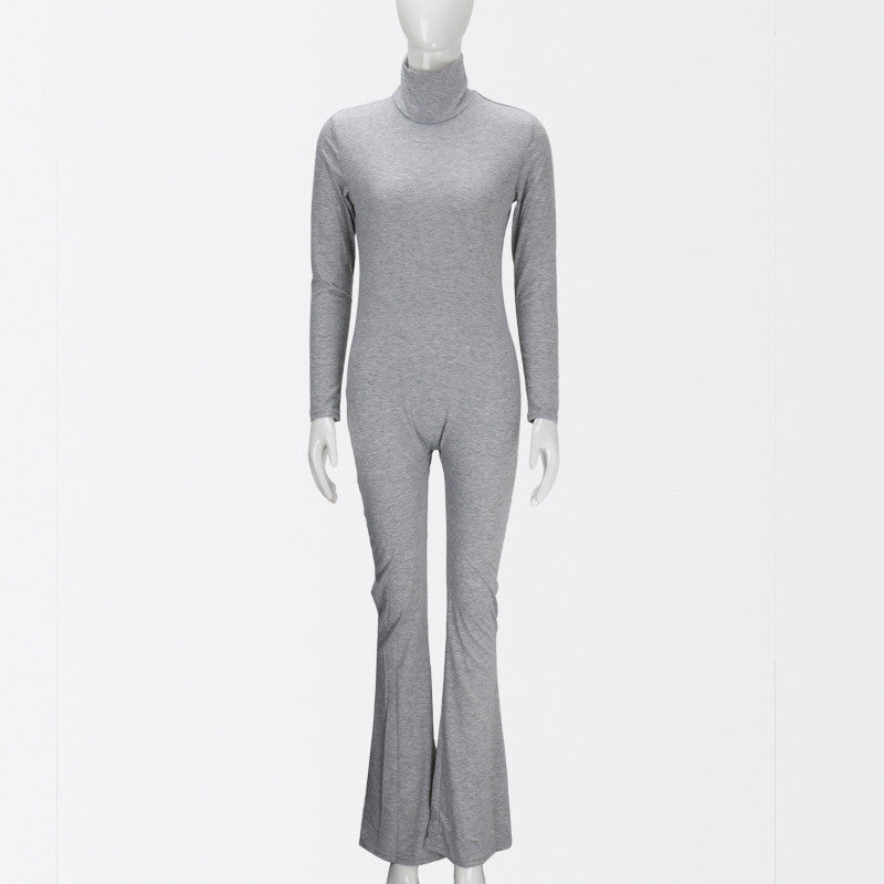 High Neck Long Sleeve Flared Leg Slim Long Jumpsuit