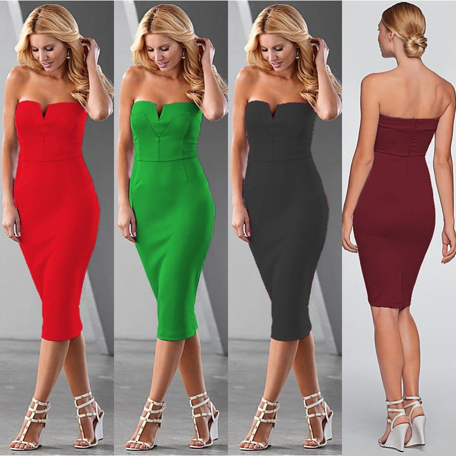 Pure Color Strapless V-neck Sleeveless Mid-calf Dress
