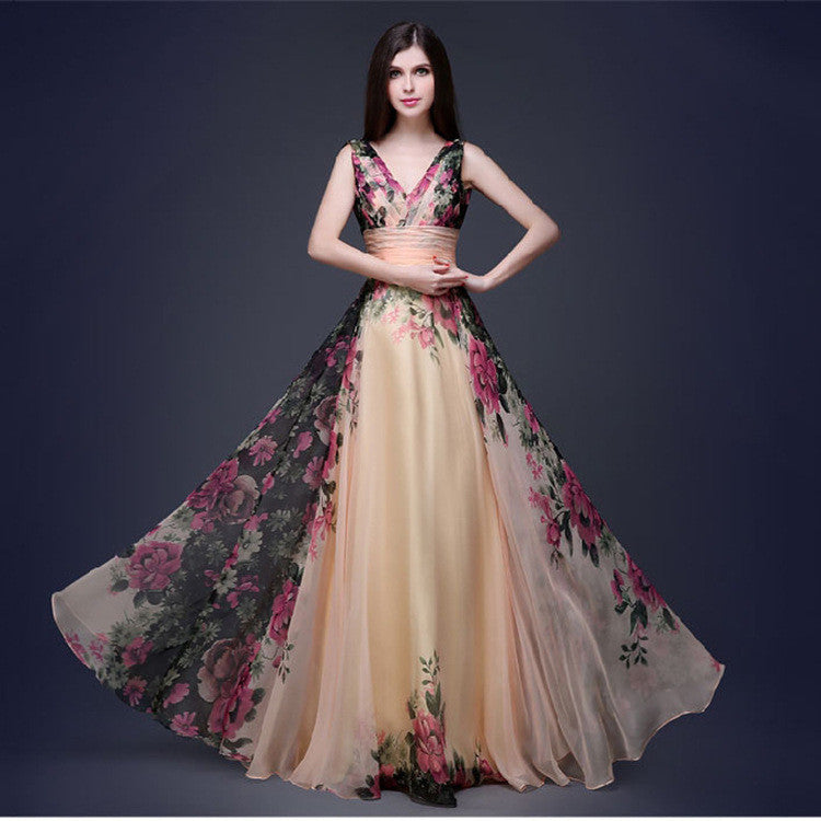 Elegant Flower Print Pleated Long Dress