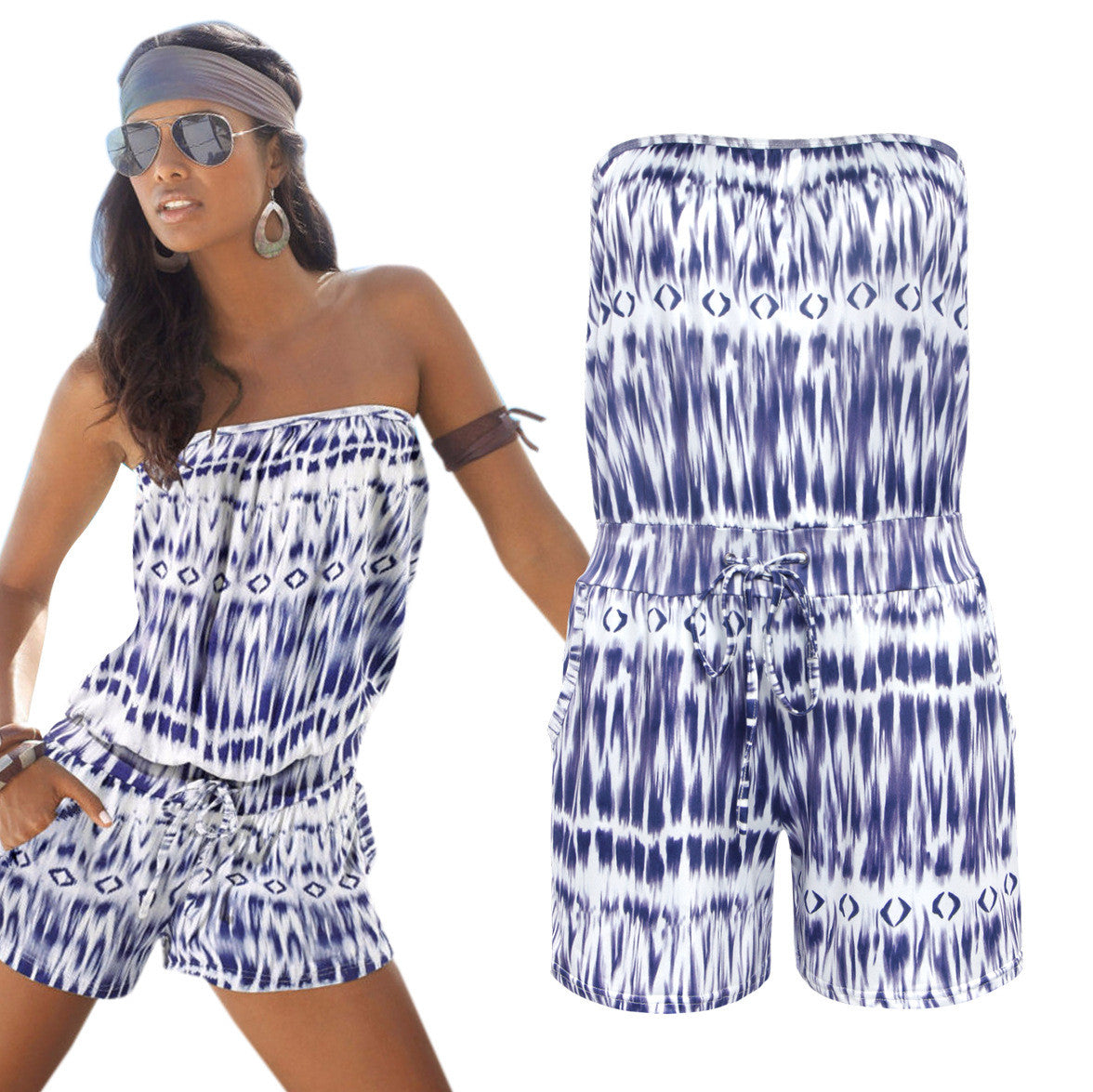 Strapless Print Elastic Draw String Waist Short Jumpsuit
