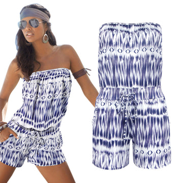 Strapless Print Elastic Draw String Waist Short Jumpsuit