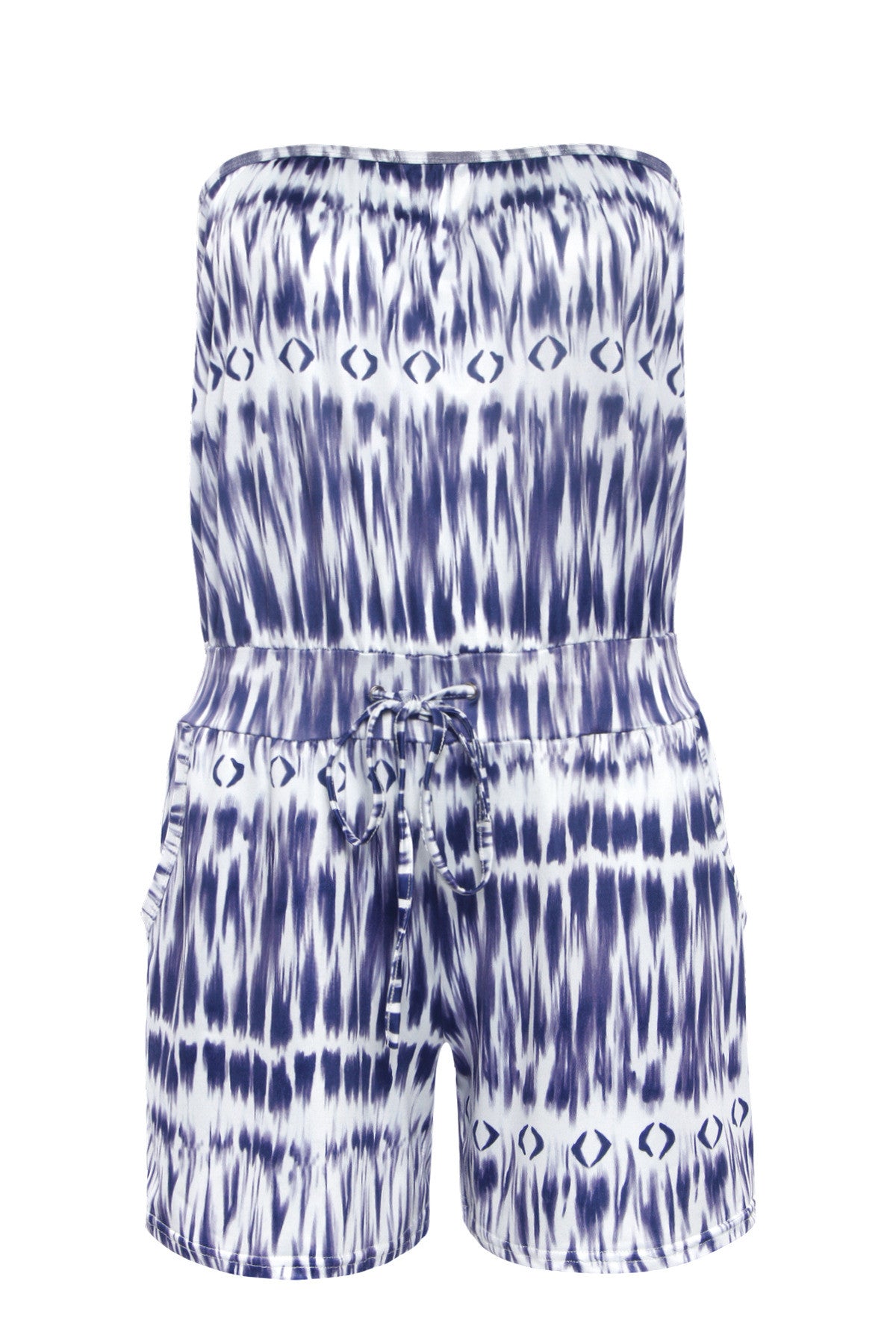 Strapless Print Elastic Draw String Waist Short Jumpsuit