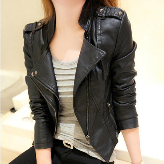 Stand Collar PU Zipper Slim Short Jacket