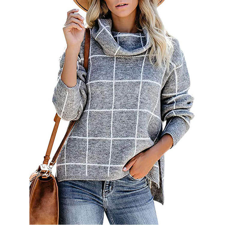 Turtleneck Plaid Slits Knit Sweater