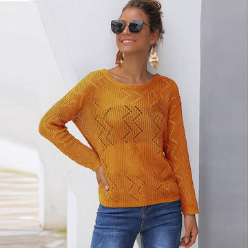 Crew Neck Hollowed Pure Color Sweater 